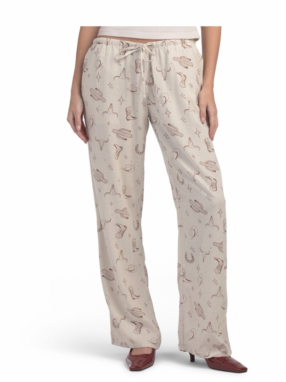 Linen Blend Western Printed Pull On Pants